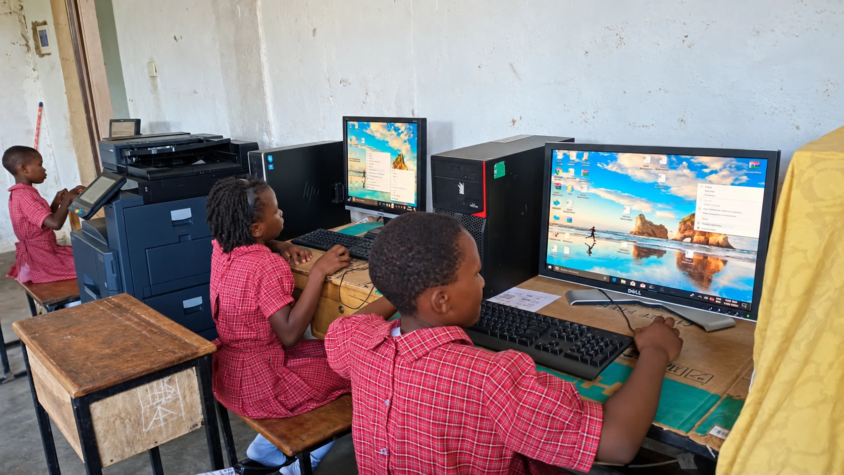 St. Keren pupils using keyboards and a mouse at desktop computers
