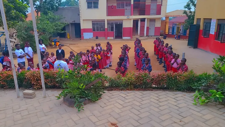Pupils gathered in the school courtyard