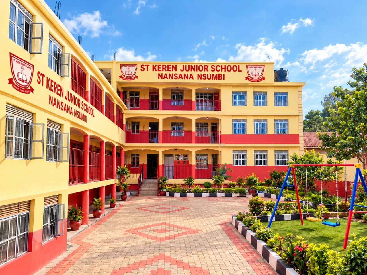 St. Keren Junior School buildings, courtyard garden and swings in Nansana–Nsumbi